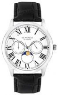 Sekonda Men's White Moonphase Dial Black Leather Strap Watch