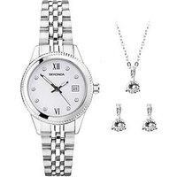 Sekonda Gift Set Womens 26Mm Analogue Watch With Silver Stone Set White Dial, Silver Stainless Steel Bracelet Matching Stone Set Pendant And Earrings