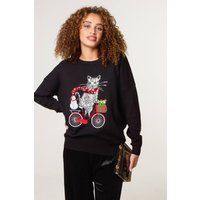 Blue Vanilla Women's Black Christmas Cat On A Bike Jumper | Size: Small/Medium