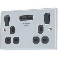 LAP 13A 2-Gang SP Switched Socket + 3.1A 2-Outlet Type A USB Charger Polished Chrome with Black Inserts (6873P)