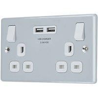 LAP 13A 2-Gang SP Switched Socket + 3.1A 2-Outlet Type A USB Charger Polished Chrome with White Inserts (7312P)