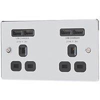 LAP 13A 2-Gang Unswitched Socket + 4.2A 4-Outlet Type A USB Charger Polished Chrome with Black Inserts (6812T)
