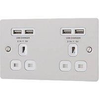 LAP 13A 2-Gang Unswitched Socket + 4.2A 4-Outlet Type A USB Charger Brushed Stainless Steel with White Inserts (6424T)