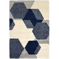 Modern Style Rugs Cosy Shaggy Hexagon Design Cream/Navy Grey Area Rug, High Pile Rugs for Living Room, Bedside - 120x170cm (4ft x 5ft 7 inch)