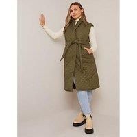 Chi Chi London Diamond Quilted Longline Belted Gilet - Khaki