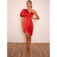 Chi London Womens One Shoulder Puff Sleeve Bodycon in Red Special Occasion Dress, Red, 14 UK
