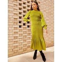 Chi Chi London Long Sleeve Shirred Maxi Dress In Green