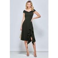 Off Shoulder Frill Ponte Midi Dress