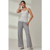 Jolie Moi Women's Ribbed Knit Wide Leg Trousers in Light Grey | Size: Medium/Large