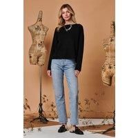 Jolie Moi Women's Round Neck Vertical Line Knit Top in Black | Size: S/M