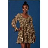 V Neck Shirred Detail Chiffon Dress