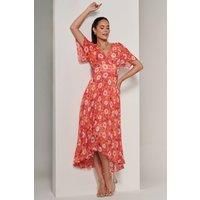 Floral Pleated Chiffon Dip Hem Dress