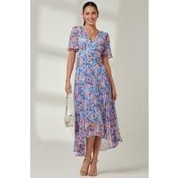 Floral Pleated Chiffon Dip Hem Dress