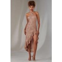 Cross Neck Side Ruffle Sequin Dress
