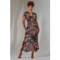 Chiffon Print Frill Dip Hem Maxi Dress
