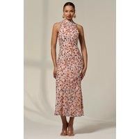 Jolie Moi Women's Chiffon Halterneck Printed Midaxi Dress in Pale Orange | Size: 18