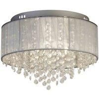 Lighting Collection Elegant and Classy 3 Lights Ceiling Flush with Voile Chiffon Ribbon Wrapped Shade and Glass Droplets, 7 W, Grey