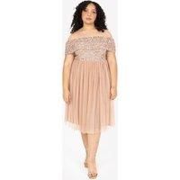 Maya Deluxe Women's Bardot Embellished Midi Dress in Taupe | Size: 12