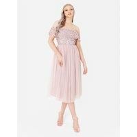 Maya Deluxe Women/'s Ladies Bardot Dresses Midi High Empire Waist Sequins Embellished Formal Evening for Wedding Guest Bridesmaid, Frosted Pink, 24