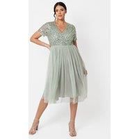 Maya Deluxe Women/'s Green Lily V Neckline Embellished Midi Bridesmaid Dress, Green Lily, 20 Plus UK