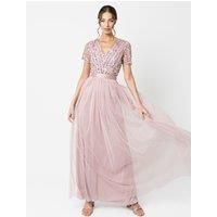 Maya Deluxe Women/'s Maya Frosted Pink Stripe Embellished Maxi Dress with Sash Belt Bridesmaid, 16