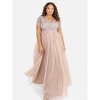 Maya Deluxe Women/'s Ladies Dress for Wedding Guest Plus Size Empire High Waist Sequins Short Sleeve Evening Bridesmaid, Taupe Blush, 12