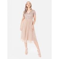 Short Sleeve V Neck Embellished Midi Dress