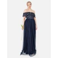 Maya Deluxe Women's Bardot Embellished Maxi Dress in Dark Navy | Size: 12