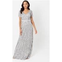 Maya Deluxe Women's Short Sleeve Stripe Embellished Maxi Dress in Grey | Size: 10