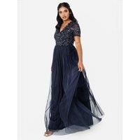 Maya Deluxe Women's Short Sleeve V Neck Embellished Maxi Dress in Dark Navy | Size: 8