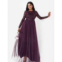 Maya Deluxe Women/'s Maya Embellished Long Sleeve Maxi Dress Bridesmaid, Berry, 8
