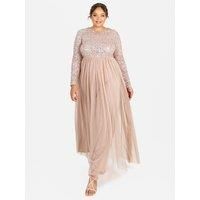Maya Deluxe Women/'s Maya Embellished Long Sleeve Maxi Dress Bridesmaid, Taupe Blush, 14