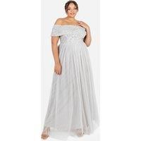 Maya Deluxe Women's Bardot Embellished Maxi Dress in Grey | Size: 22