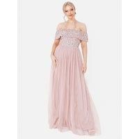 Maya Deluxe Women's Bardot Embellished Maxi Dress in Light Pink | Size: 24