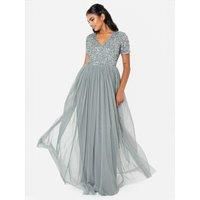 Maya Deluxe Women's Short Sleeve V Neck Embellished Maxi Dress in Teal | Size: 8