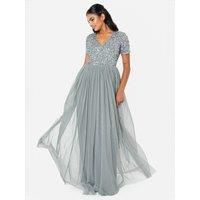 Maya Deluxe Women's Short Sleeve V Neck Embellished Maxi Dress in Teal | Size: 6