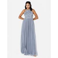 Maya Deluxe Women/'s Ladies Bridesmaid Maxi Dress Halter Neck Sequin Embellished Prom Graduation Wedding, Dusty Blue, 18