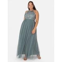 Maya Deluxe Women's Embellished Halter Neck Maxi Dress in Teal | Size: 18
