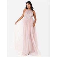 Maya Deluxe Women/'s Ladies Bridesmaid Maxi Dress Halter Neck Sequin Embellished Prom Graduation Wedding, Frosted Pink, 22