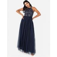 Maya Deluxe Women/'s Ladies Bridesmaid Maxi Dress Halter Neck Sequin Embellished Prom Graduation Wedding, Navy, 26