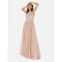 Maya Deluxe Women's Embellished Halter Neck Maxi Dress in Taupe | Size: 28