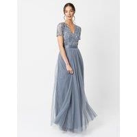 Maya Deluxe Women's Belted Stripe Embellished Maxi Dress in Blue | Size: 18