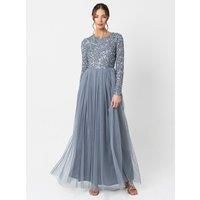 Maya Deluxe Women's Embellished Long Sleeve Maxi Dress in Blue | Size: 28