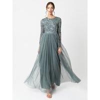 Maya Deluxe Women's Embellished Long Sleeve Maxi Dress in Teal | Size: 26