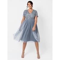 Maya Deluxe Women's Short Sleeve V Neck Embellished Midi Dress in Blue | Size: 28