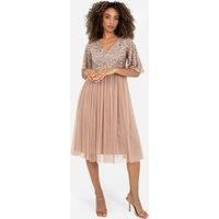 Maya Deluxe Women's Short Flutter Sleeve Embellished Midi Dress in Taupe | Size: 28