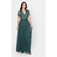 Maya Deluxe Women/'s Maxi Dress Ladies Bridesmaid V-Neck Ball Gown Short Sleeves Long Elegant Empire Waist Wedding, Emerald Green, 10