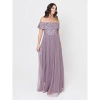 Maya Deluxe Women/'s Ladies Bardot Dress Maxi Embellished Hight Empire Waist Sleeveless Tulle for Wedding Guest Prom Graduation Bridesmaid, Moody Lilac, 16