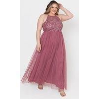 Maya Deluxe Women's Embellished Halter Neck Maxi Dress in Rose | Size: 22