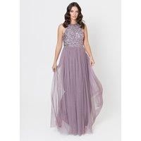 Maya Deluxe Women's Embellished Halter Neck Maxi Dress in Lilac | Size: 26